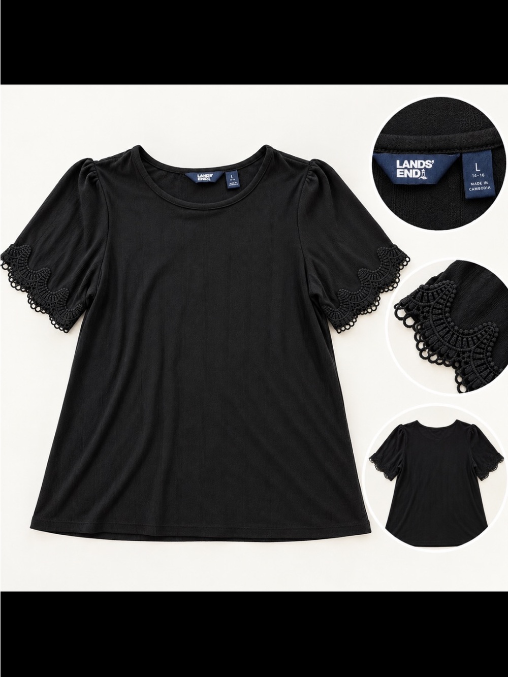 Lands' End Black Short-Sleeve Tee with Lace-Trim Sleeves - Picture 1 of 1